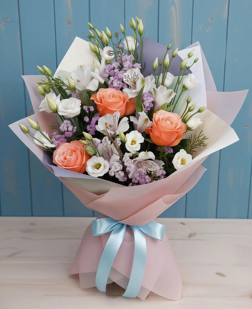 Букет цветов из: Лизиантусы, Розы, Альстромерии и Гипсофила в Сонково
