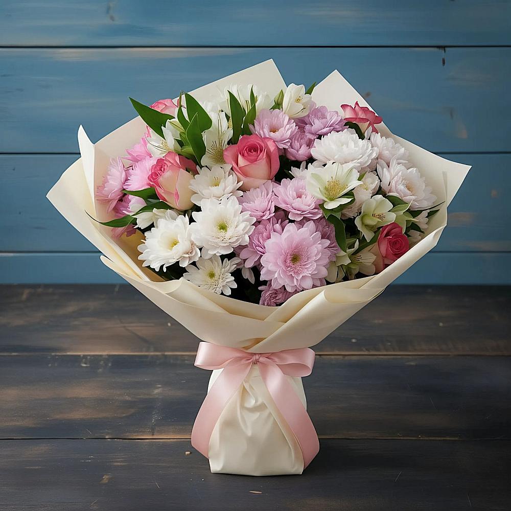 Букет цветов из: Хризантемы, Альстромерии и Розы в Сонково